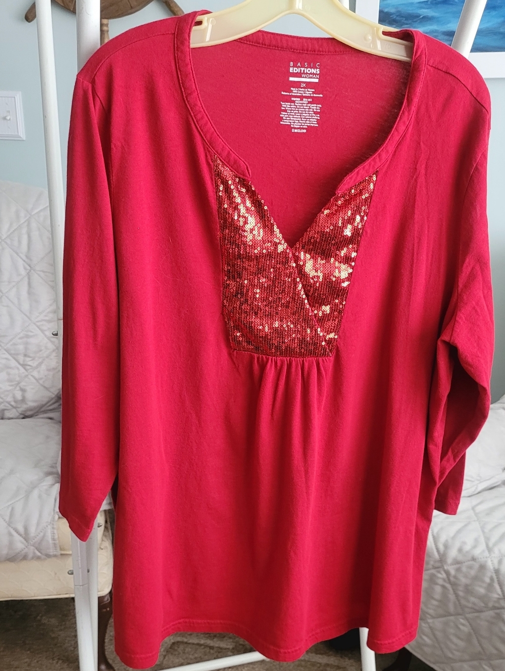 Basic Editions Red Long-Sleeve Tunic with Sequin V-Panel Size: 2x